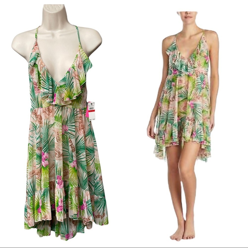 Betsey Johnson Multi Floral Chiffon Midi Slip Chemise‎ Pink XS Swim Cover Up